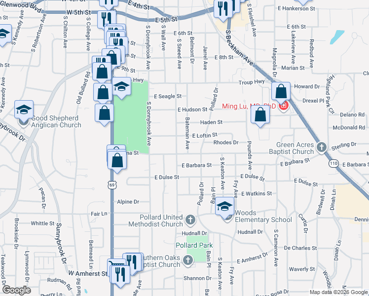 map of restaurants, bars, coffee shops, grocery stores, and more near 603 Wilma Street in Tyler