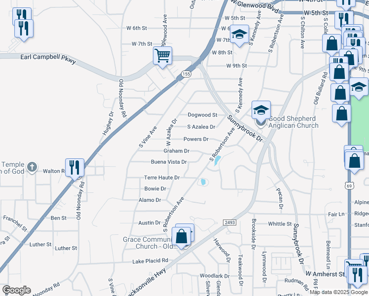 map of restaurants, bars, coffee shops, grocery stores, and more near 1218 Graham Drive in Tyler