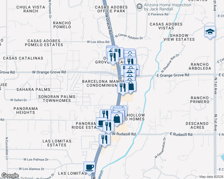 map of restaurants, bars, coffee shops, grocery stores, and more near 6281 North Oracle Road in Tucson