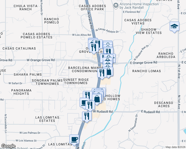 map of restaurants, bars, coffee shops, grocery stores, and more near 6281 North Oracle Road in Tucson
