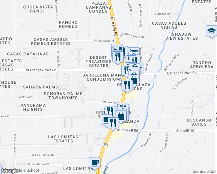 map of restaurants, bars, coffee shops, grocery stores, and more near 6261 North Saguaro Post Place in Tucson
