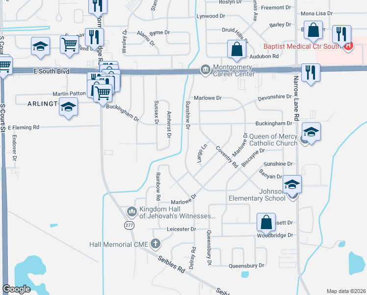 map of restaurants, bars, coffee shops, grocery stores, and more near 4360 Sunshine Drive in Montgomery