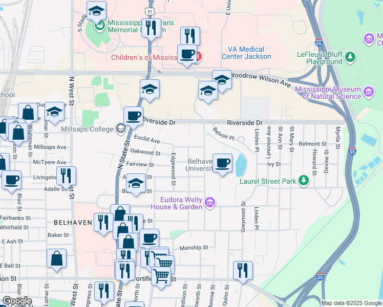 map of restaurants, bars, coffee shops, grocery stores, and more near 914 Fairview Street in Jackson
