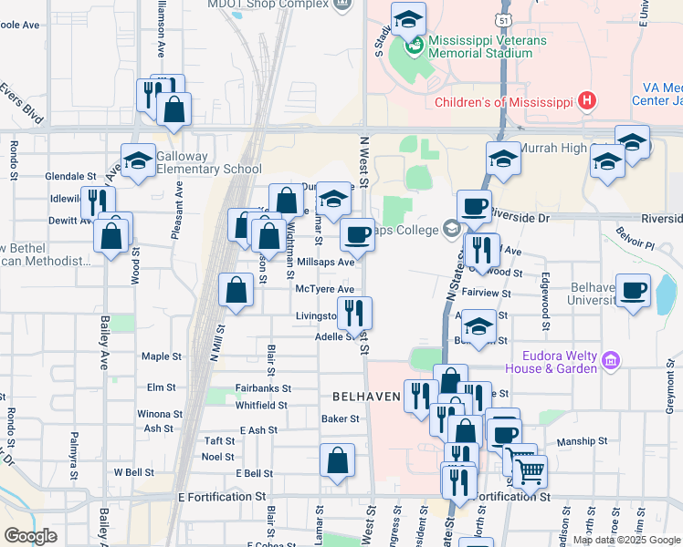 map of restaurants, bars, coffee shops, grocery stores, and more near 333 McTyere Avenue in Jackson