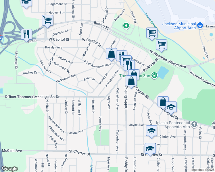 map of restaurants, bars, coffee shops, grocery stores, and more near 224 South Alabama Avenue in Jackson