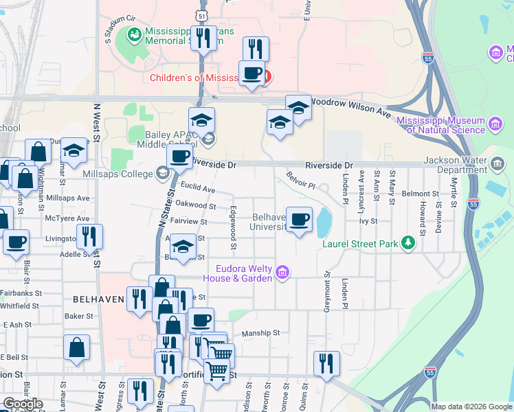 map of restaurants, bars, coffee shops, grocery stores, and more near 914 Fairview Street in Jackson