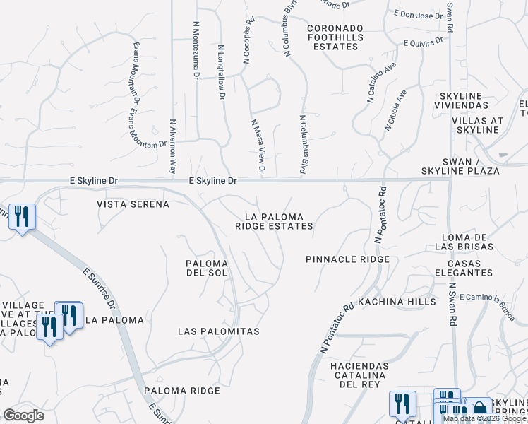 map of restaurants, bars, coffee shops, grocery stores, and more near 6310 North Cadena De Montanas in Tucson
