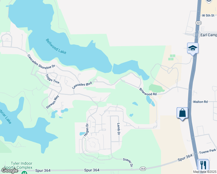 map of restaurants, bars, coffee shops, grocery stores, and more near 3376 Cascades Boulevard in Tyler