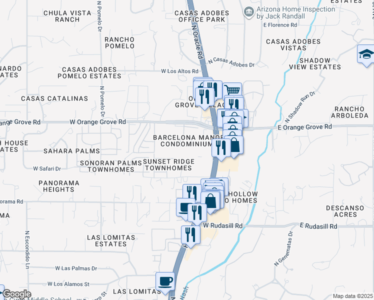 map of restaurants, bars, coffee shops, grocery stores, and more near 6261 North Saguaro Post Place in Tucson