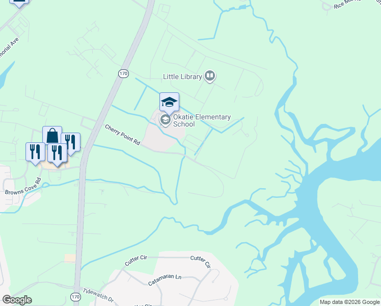 map of restaurants, bars, coffee shops, grocery stores, and more near 140-298 Cherry Point Road in Okatie