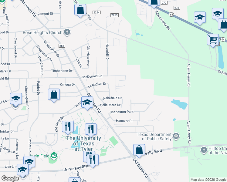 map of restaurants, bars, coffee shops, grocery stores, and more near 3911 Lexington Drive in Tyler