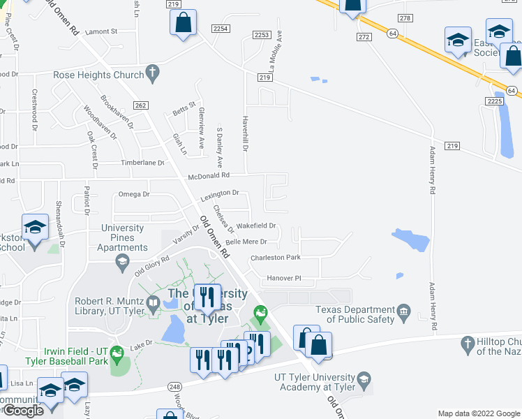 map of restaurants, bars, coffee shops, grocery stores, and more near 2605 Westminster Drive in Tyler