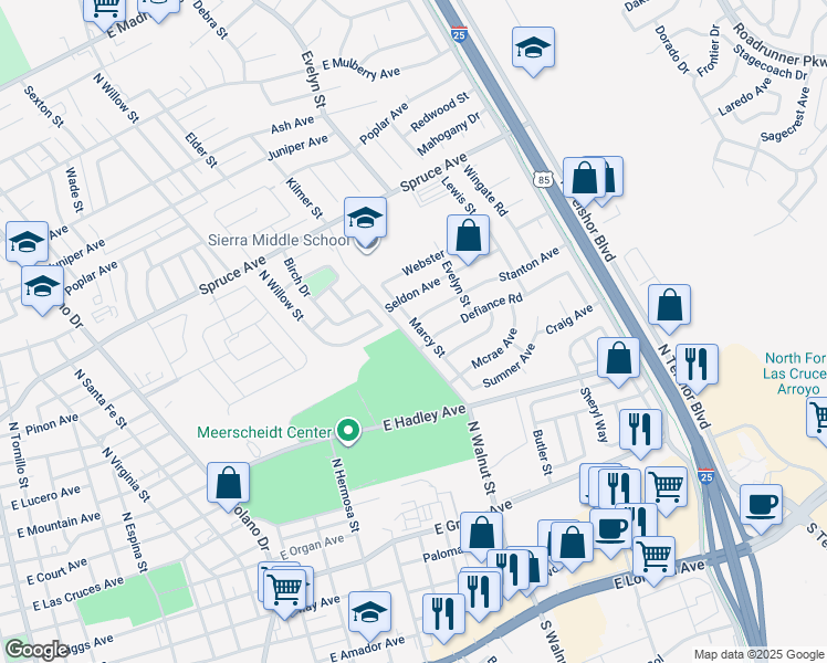 map of restaurants, bars, coffee shops, grocery stores, and more near 1001-1099 North Walnut Street in Las Cruces