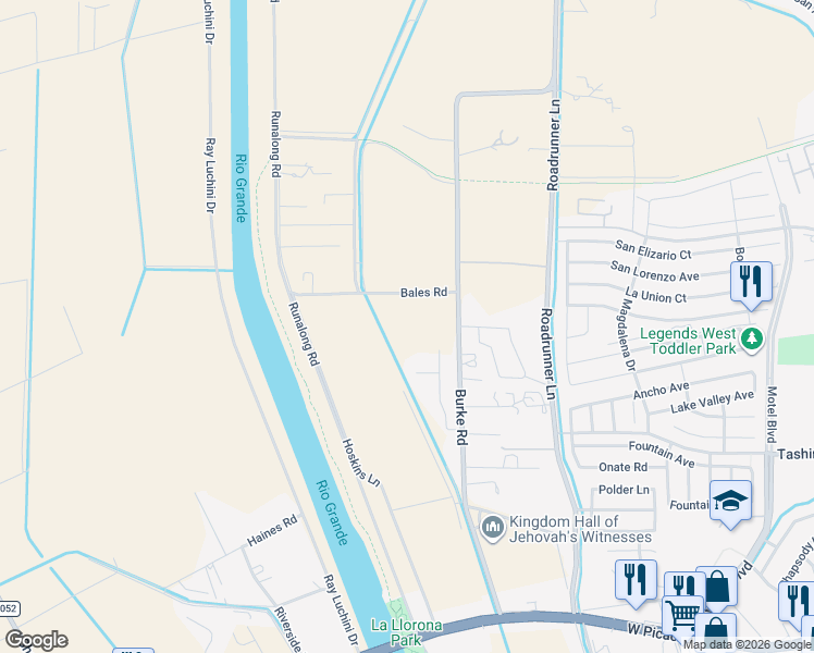 map of restaurants, bars, coffee shops, grocery stores, and more near 3408 Del Rio Court in Las Cruces