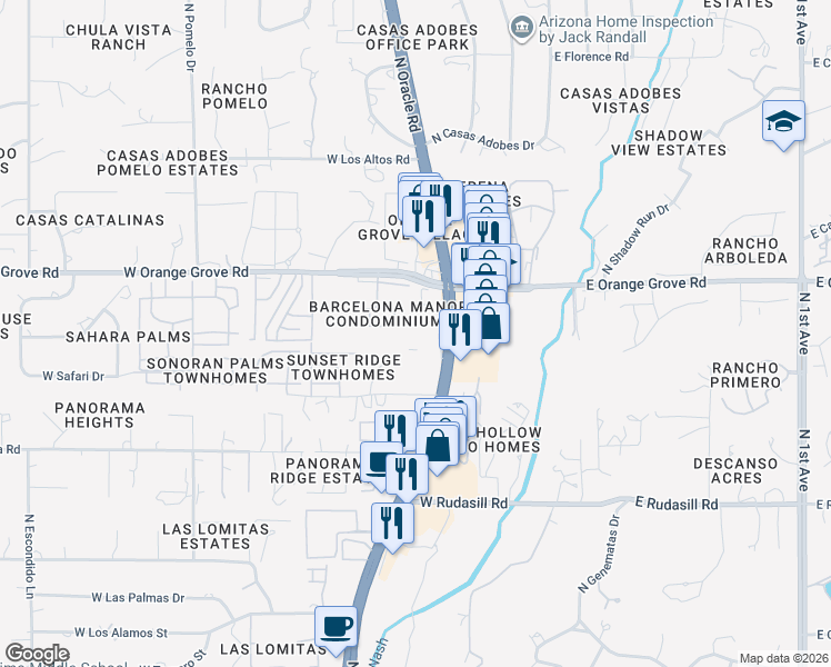 map of restaurants, bars, coffee shops, grocery stores, and more near 6281 North Oracle Road in Tucson