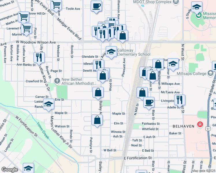 map of restaurants, bars, coffee shops, grocery stores, and more near 207 Huron Street in Jackson