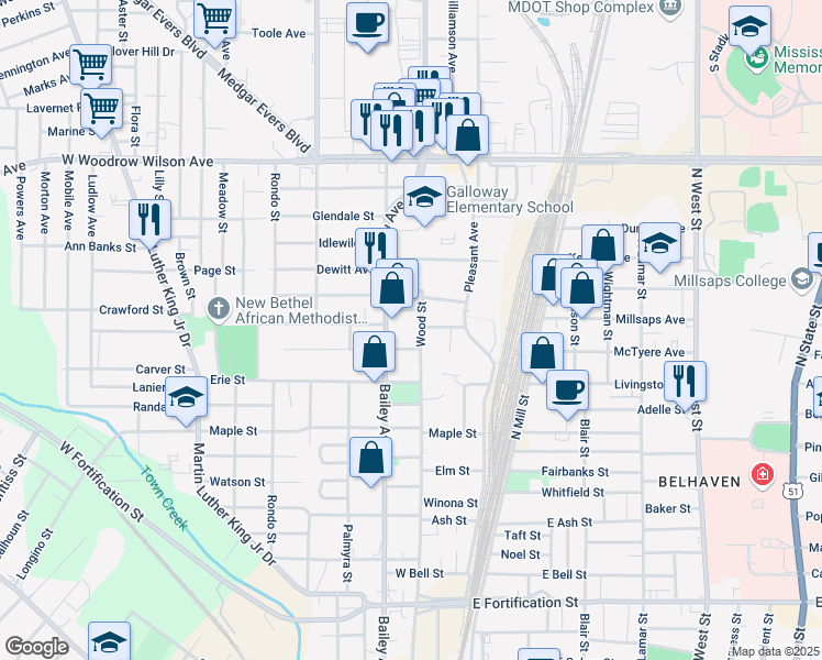 map of restaurants, bars, coffee shops, grocery stores, and more near 207 Huron Street in Jackson