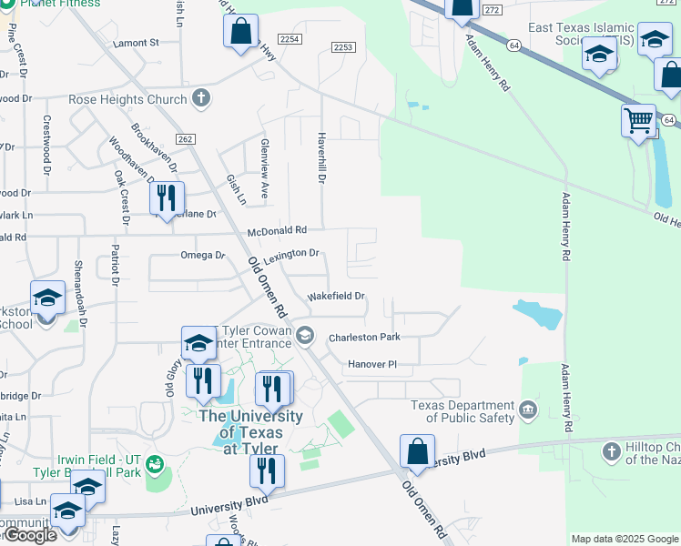 map of restaurants, bars, coffee shops, grocery stores, and more near 2601 Westminster Drive in Tyler
