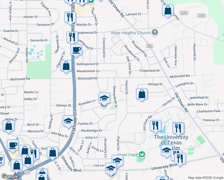 map of restaurants, bars, coffee shops, grocery stores, and more near 2601 Shenandoah Drive in Tyler