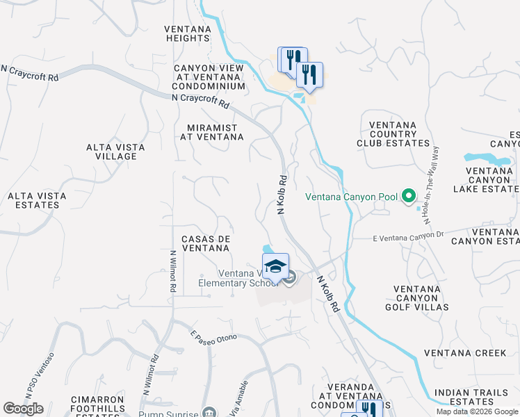 map of restaurants, bars, coffee shops, grocery stores, and more near 6286 North Ventana View Place in Tucson