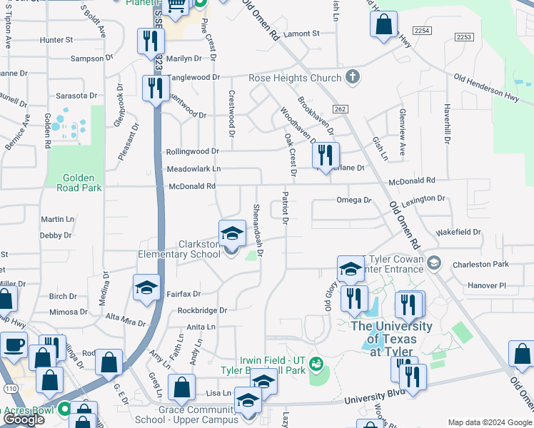 map of restaurants, bars, coffee shops, grocery stores, and more near 3012 Tower Drive in Tyler