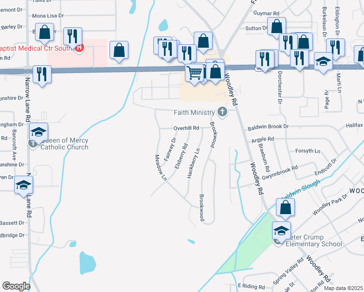 map of restaurants, bars, coffee shops, grocery stores, and more near 3222 Elsberry Road in Montgomery