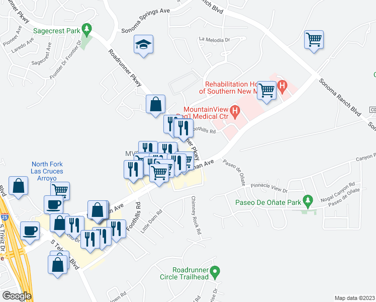 map of restaurants, bars, coffee shops, grocery stores, and more near 103 Roadrunner Parkway in Las Cruces