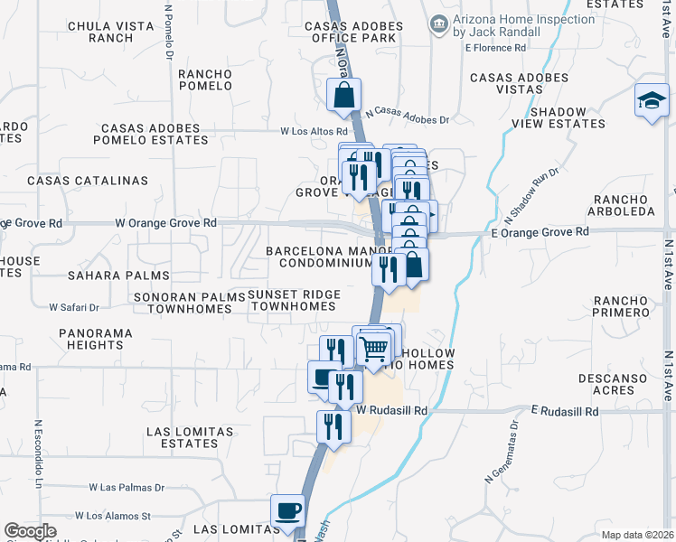 map of restaurants, bars, coffee shops, grocery stores, and more near 6352 North Barcelona Lane in Tucson
