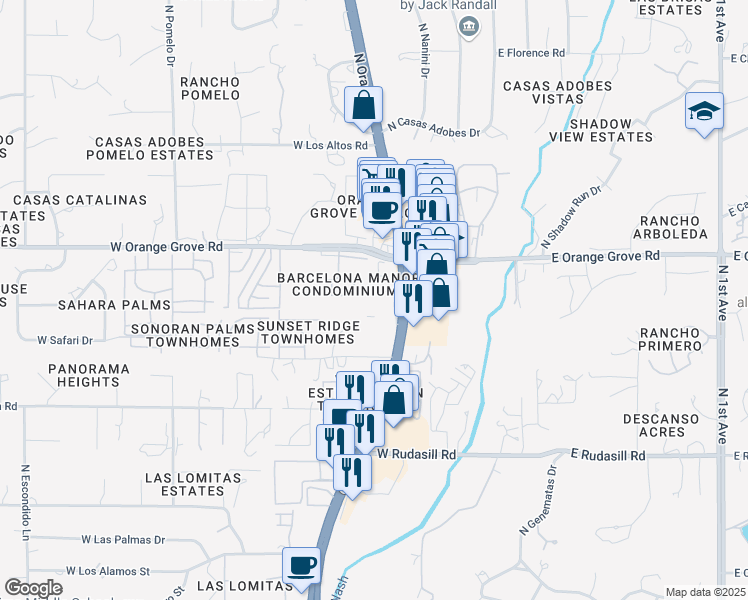 map of restaurants, bars, coffee shops, grocery stores, and more near 6321 North Barcelona Lane in Tucson
