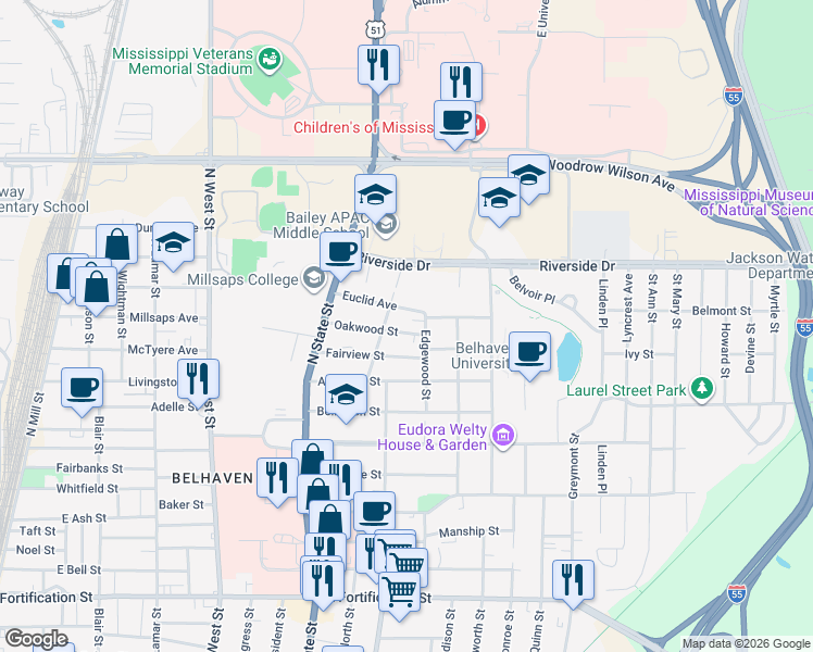 map of restaurants, bars, coffee shops, grocery stores, and more near 828 Euclid Avenue in Jackson