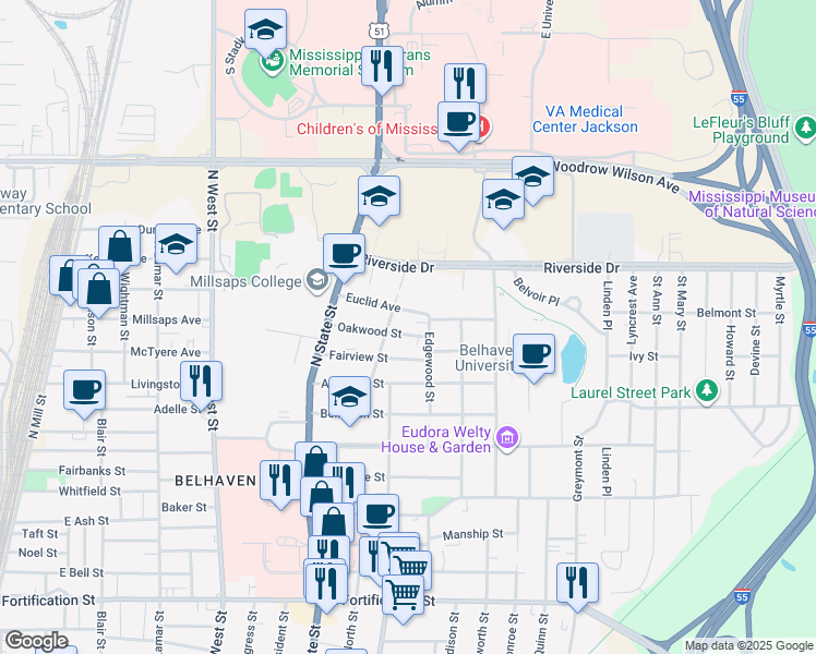 map of restaurants, bars, coffee shops, grocery stores, and more near 828 Euclid Avenue in Jackson
