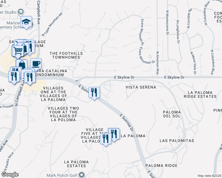 map of restaurants, bars, coffee shops, grocery stores, and more near 6385 North Vuelta Tajo in Tucson