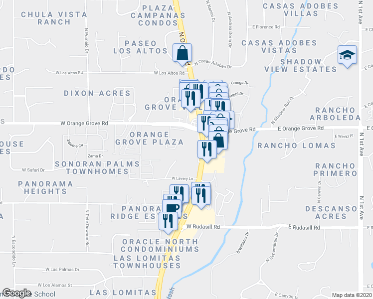 map of restaurants, bars, coffee shops, grocery stores, and more near 401 West Orange Grove Road in Tucson