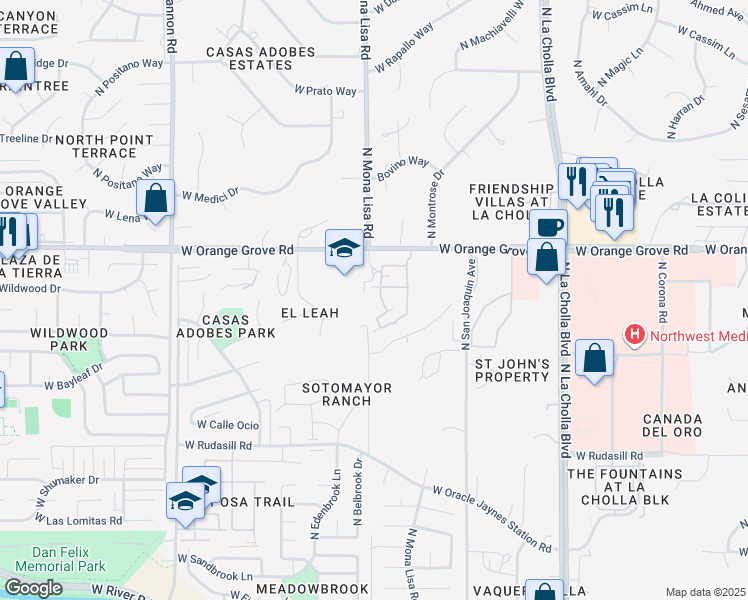 map of restaurants, bars, coffee shops, grocery stores, and more near 2551 W Orange Grove Rd in Tucson