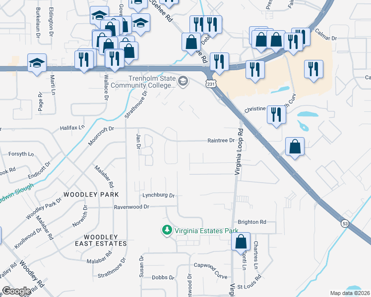 map of restaurants, bars, coffee shops, grocery stores, and more near 3217 Raintree Drive in Montgomery