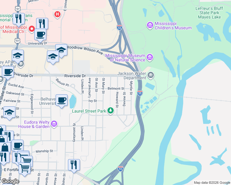 map of restaurants, bars, coffee shops, grocery stores, and more near 1803 Howard Street in Jackson