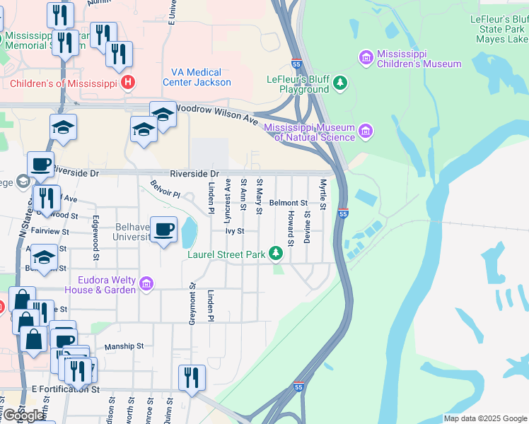 map of restaurants, bars, coffee shops, grocery stores, and more near 1800 Belmont Street in Jackson