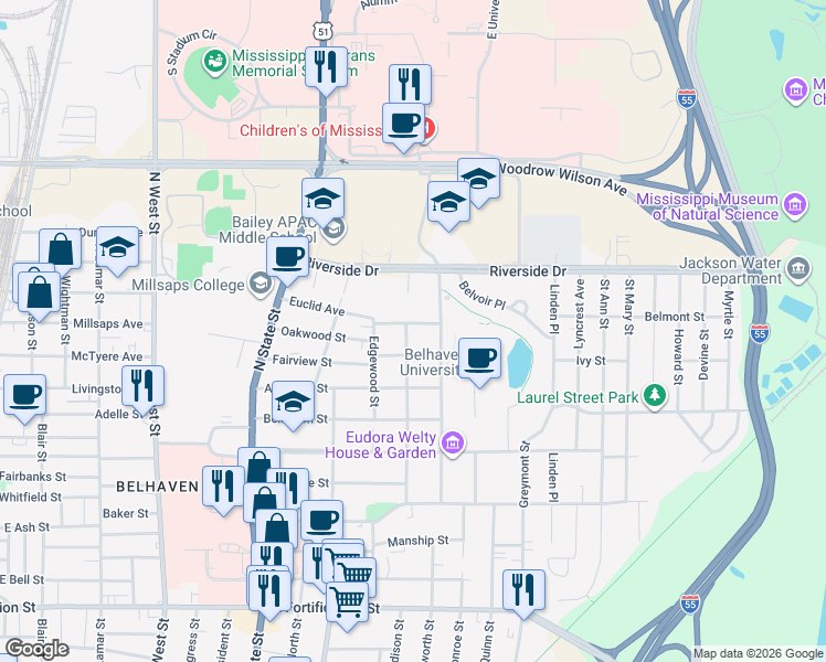 map of restaurants, bars, coffee shops, grocery stores, and more near 932 Euclid Avenue in Jackson