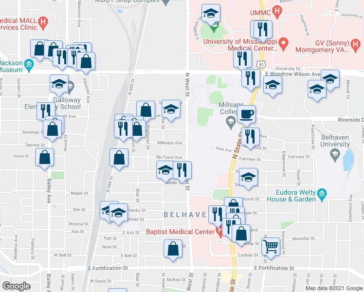 map of restaurants, bars, coffee shops, grocery stores, and more near 338 Millsaps Avenue in Jackson