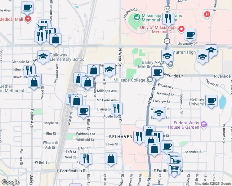 map of restaurants, bars, coffee shops, grocery stores, and more near 338 Millsaps Avenue in Jackson