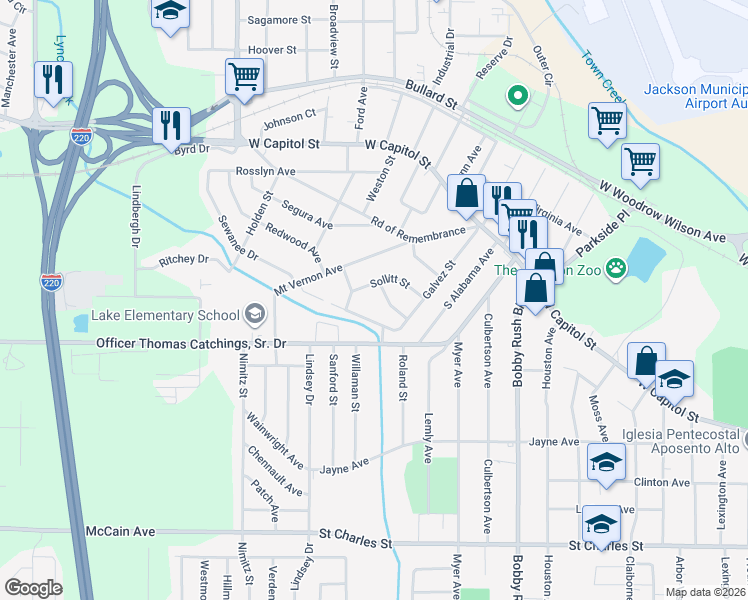 map of restaurants, bars, coffee shops, grocery stores, and more near 212 Sollitt Street in Jackson