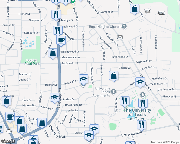map of restaurants, bars, coffee shops, grocery stores, and more near 2517 Shenandoah Drive in Tyler