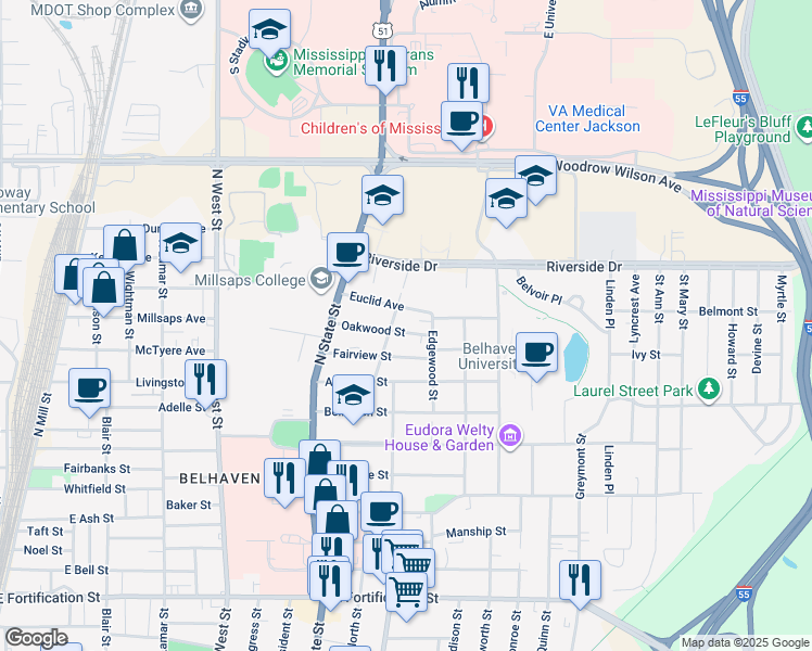 map of restaurants, bars, coffee shops, grocery stores, and more near 808 Oakwood Street in Jackson