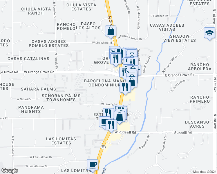 map of restaurants, bars, coffee shops, grocery stores, and more near 6332 North Barcelona Lane in Tucson