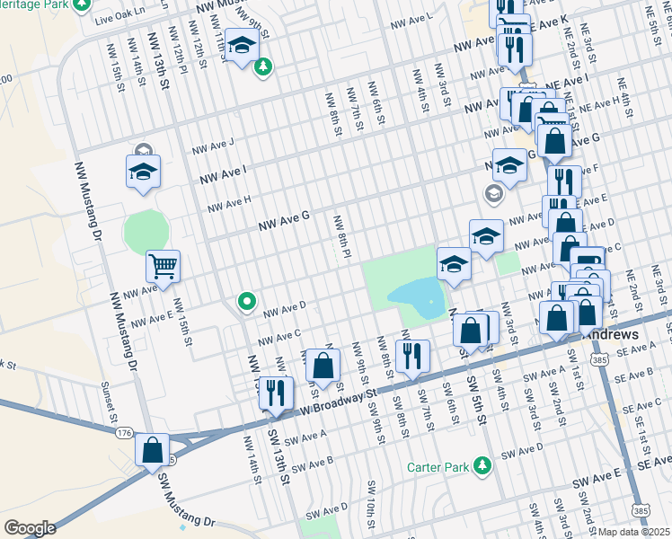 map of restaurants, bars, coffee shops, grocery stores, and more near NW Ave East in Andrews