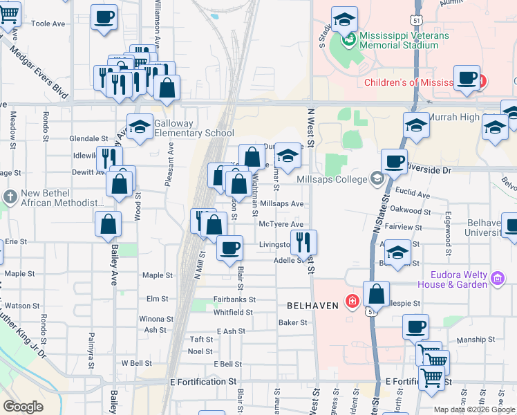 map of restaurants, bars, coffee shops, grocery stores, and more near 162 Millsaps Avenue in Jackson