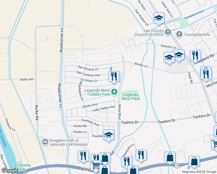 map of restaurants, bars, coffee shops, grocery stores, and more near 2879 La Union Court in Las Cruces
