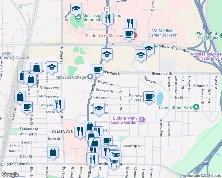 map of restaurants, bars, coffee shops, grocery stores, and more near 800 Oakwood Street in Jackson