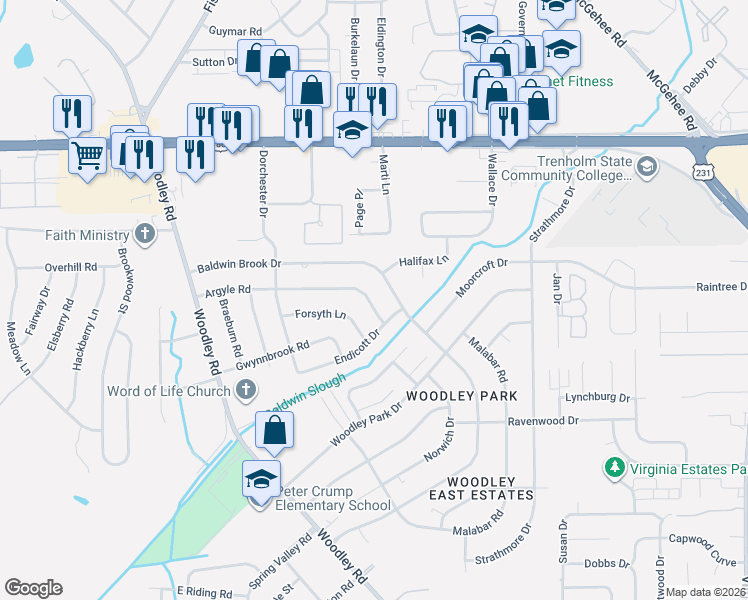 map of restaurants, bars, coffee shops, grocery stores, and more near 2770 Baldwin Brook Drive in Montgomery