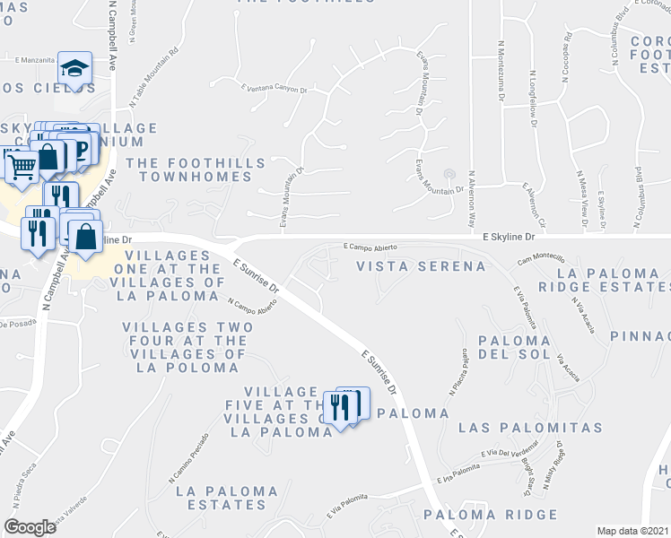 map of restaurants, bars, coffee shops, grocery stores, and more near 6385 North Vuelta Tajo in Tucson